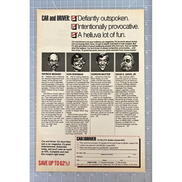 Car & Driver Magazine Subscription Page "Save 62%" Vintage Print Ad 1983 - Picture 2 of 3